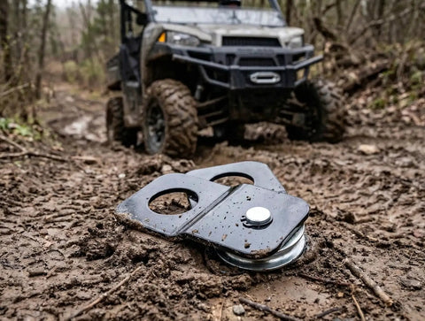 Beefy 4 Ton ATV And UTV Snatch Block For Winches, Doubles Your Winch Power, Heavy Duty 8,000 Pounds Capacity, Fits Polaris Honda Can Am ATVs And UTVs, Side By Side Accessories For Trail And Worksite, muddy black steel block in trail recovery