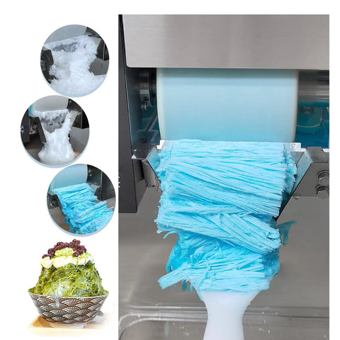 Heavy Duty Commercial Snowflake Ice Shaver Automatic Electric Flake Maker producing fluffy blue ice for desserts.