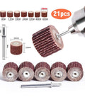 21 Piece Flap Sanding Wheel Kit with 3mm Shank for rotary tools, showing sanding wheels and shank detail.