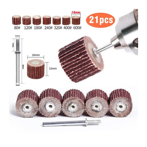 21 Piece Flap Sanding Wheel Kit with 3mm Shank for rotary tools, showing sanding wheels and shank detail.