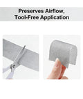 Self-Adhesive Mesh Tape For Window Screen Repair Patch being cut and displayed, durable grey mesh, value pack of 6.