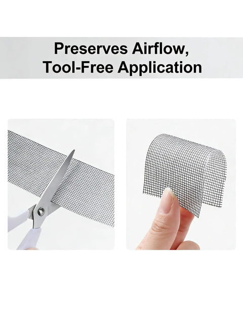 Self-Adhesive Mesh Tape For Window Screen Repair Patch being cut and displayed, durable grey mesh, value pack of 6.
