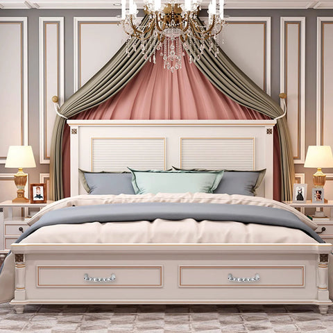 Elegant bedroom with a plush bed featuring two 96mm crystal glass cabinet pulls on the footboard, framed by decorative curtains and a chandelier.