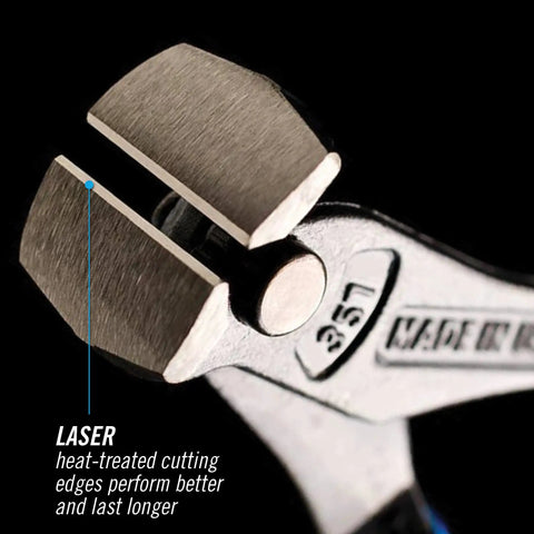Close-up of End Cutting Nipper Pliers Model 357 With High Leverage XLT Design Made In USA 7-Inch, showing laser hardened cutting edges.