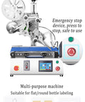 Fully Automatic Compact Labeling Machine With Conveyor Belt Self Adhesive Applicator For Round Bottles Boxes Bags, showing adjustable speed and emergency stop.