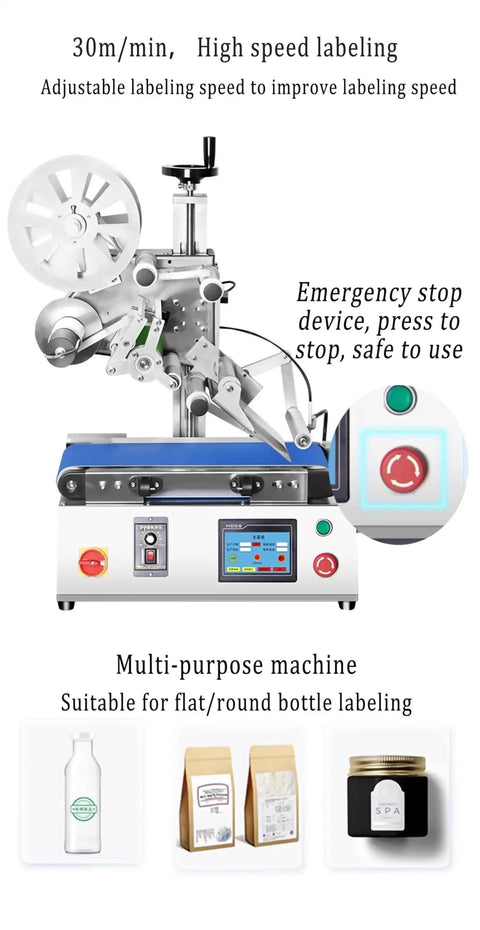 Fully Automatic Compact Labeling Machine With Conveyor Belt Self Adhesive Applicator For Round Bottles Boxes Bags, showing adjustable speed and emergency stop.