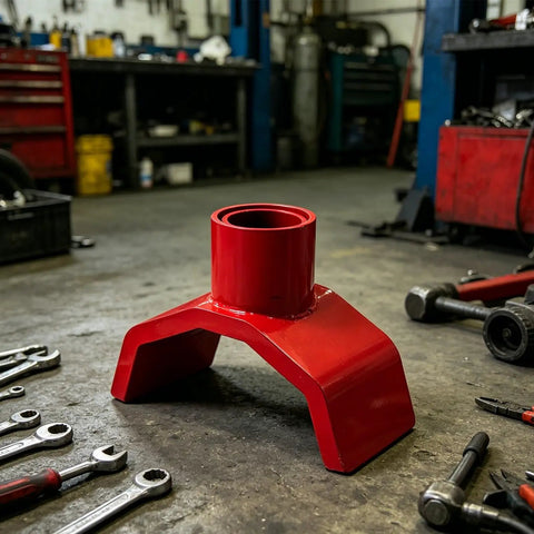 Beefy Bottle Jack Adapter Lifting Saddle For 2 To 4 Inch Axle Tubes, heavy duty steel in a garage setting with tools.