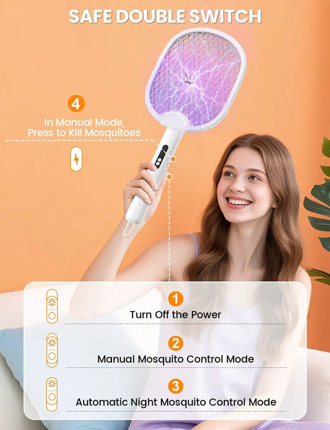 Woman holding Electric Fly Swatter Zapper Racket 4000V With 1800mAh Rechargeable Battery Dual Modes 5 Layer Safety Mesh
