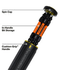 Close-up of 15-In-1 Multi-Bit Ratcheting Screwdriver Set With Impact-Rated Bits, 7 ProFlex Double-Ended Tips, showing in-handle storage.