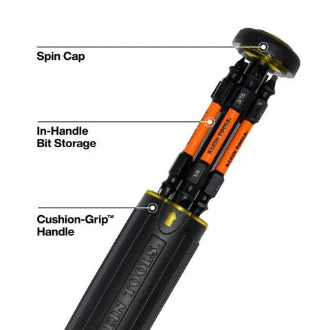 Close-up of 15-In-1 Multi-Bit Ratcheting Screwdriver Set With Impact-Rated Bits, 7 ProFlex Double-Ended Tips, showing in-handle storage.