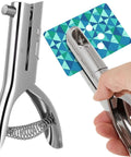 Heavy Duty Hole Punch With Long Reach And Deep Throat For Easy Low Effort Punching Three Eighth Inch Circular Hole Two Inch Throw Single One Hole Puncher Handheld Alloy Punch For ID PVC Cards 25 Sheet Capacity Five Inch Tall, shown in hand punching a card
