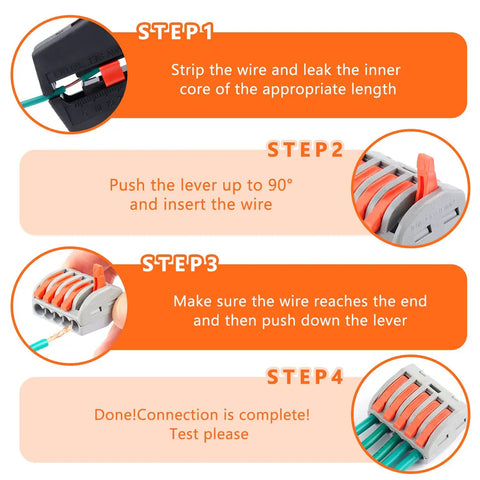Instruction steps for using the All in One Lever Wire Connector Kit With 188 Pcs for quick electrical wire splicing.