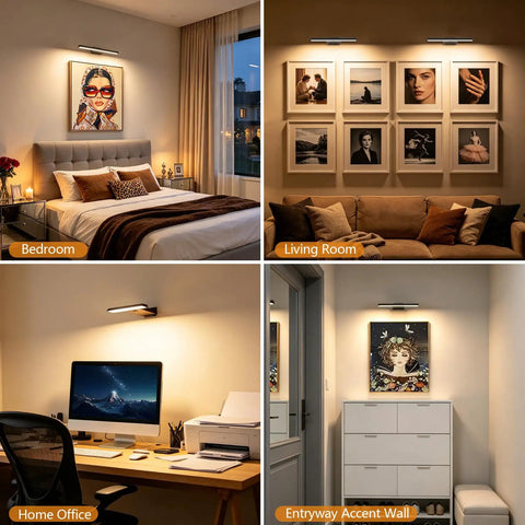 Killer Glow Two Pack Battery Operated Picture Lights With Remote illuminating art in a stylish bedroom and living room.