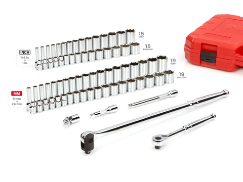 Go To Three Eighths Inch Drive Six Point Socket And Ratchet Set Seventy Three Piece Set displayed with shallow and deep sockets