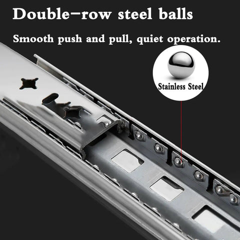 Top Shelf Heavy Duty Drawer Slides For Dining Tables And Cabinets Full Extension Runner Rails showing stainless steel double-row steel balls.