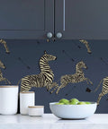 Blue Denim Zebra Safari Peel And Stick Wallpaper Self Adhesive Wall Covering with zebras on dark background in a kitchen setting.
