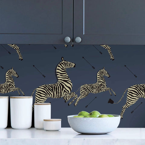 Blue Denim Zebra Safari Peel And Stick Wallpaper Self Adhesive Wall Covering with zebras on dark background in a kitchen setting.