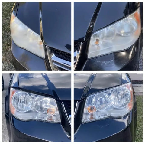 Shiny Car Stuff Hand-Applied Clear Coat; black car hood and headlights, front-view collage.