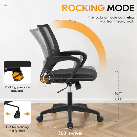 Ergonomic Office Chair With Breathable Mesh Back And Lumbar Support, Mid Back Swivel Desk Chair in rocking mode with height markers