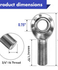 Killer 3/4 Inch Heim Joint Rod End Kit For Your Rig,.750 Chrome Plated Chromoly dimensions, showing 0.75" size and 3/4"-16 thread.