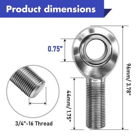 Killer 3/4 Inch Heim Joint Rod End Kit For Your Rig,.750 Chrome Plated Chromoly dimensions, showing 0.75" size and 3/4"-16 thread.