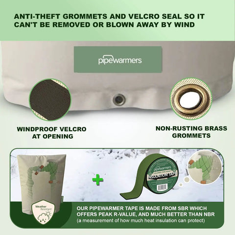 Super Tough Extra Thick Insulated Winter Pipe Cover Protects Backflow Preventers Pumps Sprinklers Valves From Freezing With Uv Coated Eva Nbr Foam In Harsh Cold Weather Twenty Four Inch By Thirty Six Inch Size showing windproof velcro and brass grommets