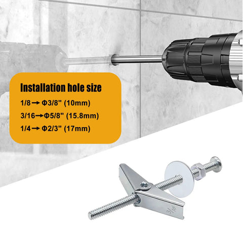 Heavy Duty Toggle Bolt Kit 192 Piece Drywall Anchors And Screws Set With Wing Nuts Washers Spacers One Eighth Inch For Tough As Nails Mounts In Walls And Ceilings, drill hole guide