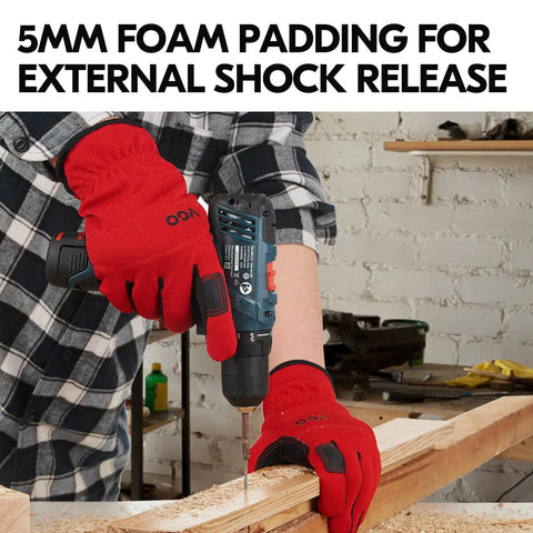 Person wearing 3 Pack Synthetic Leather Work Gloves For Light Duty Tasks using a drill, Size L, with red gloves, visible foam padding.