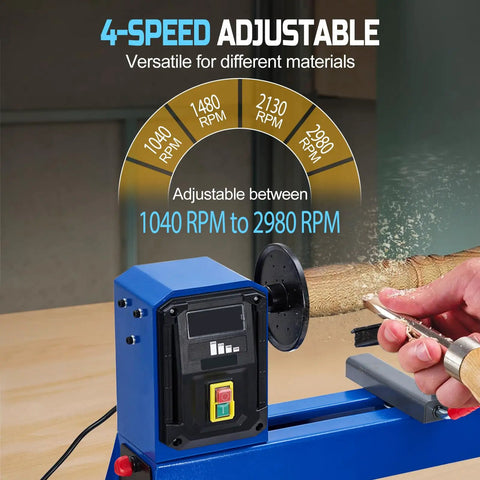 Heavy Duty 0.54 HP Benchtop Wood Lathe Machine 14X20 Inch with four speed settings 1040 to 2980 RPM adjustable knob and handle.