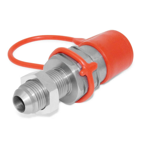 Side view of Summit Hydraulics flat-face quick-connect coupler with red cap and orange retention ring, #10 JIC bulkhead.