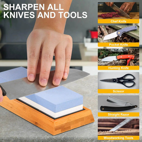 Hand sharpening knife on Premium Knife Sharpening Stone Whetstone 1000 6000 Grit With Non Slip Base Angle Guide Kit