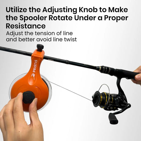 Fishing Line Winder And Reel Spooler Kit With Unwinding System in use on a rod, showing anti twist spooling and adjustable tension.