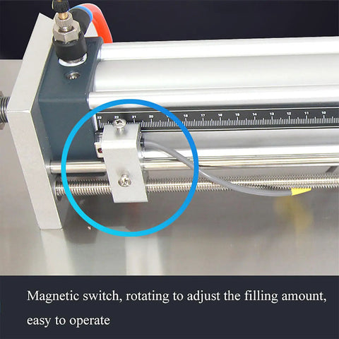 Close-up of magnetic switch on Top Notch Pneumatic Liquid Filling Machine With 30 Liter Hopper, easy operation for adjusting fill amounts.