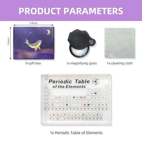 Real Element Samples Inside 83 Elements Hands-On Interactive Periodic Table Kit With Magnifying Glass Engaging Science Learning Tool And Creative Gift For Teachers Students Parents And Friends, includes box, magnifying glass, cloth, and table