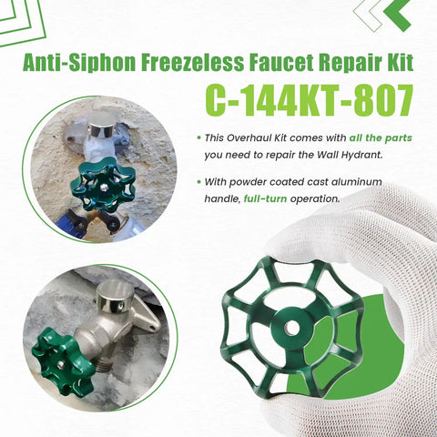 Wall Hydrant Complete Service Kit for C 144 and C 244 Series showing green anti-siphon faucet parts and handles.
