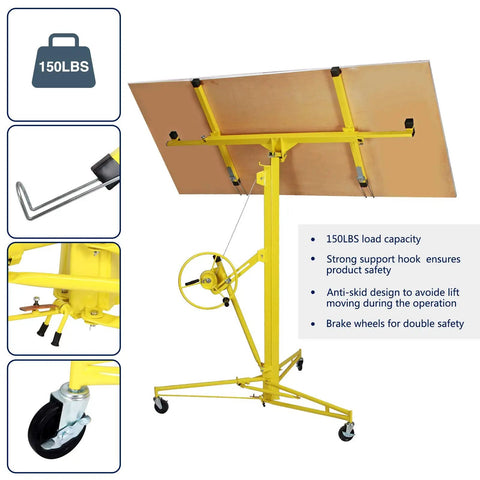 Heavy Duty Drywall Lift Panel Hoist for 16Ft Ceilings and 19Ft Walls 150 Lbs Capacity with caster wheels and safety features