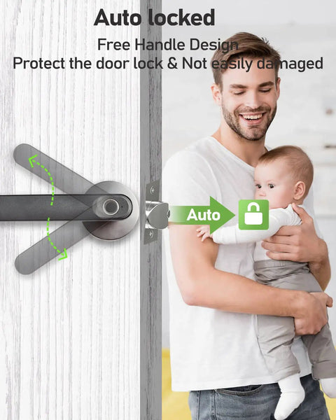 Smart Fingerprint Door Lock With Keyless Entry And Biometric Handle, Auto Lock, child being carried, grey finish, easy install
