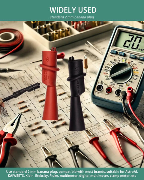 Insulated Alligator Clips For Multimeter With 2mm Probe Tips And Flexible Boots, Nickel Plated Safety Clips shown on table.