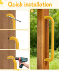 Installation steps of yellow handle from Six Colors 17.1 Inch Indoor Monkey Bars Handles Set 6 Pack, on wooden frame outdoors.
