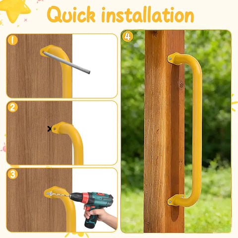 Installation steps of yellow handle from Six Colors 17.1 Inch Indoor Monkey Bars Handles Set 6 Pack, on wooden frame outdoors.