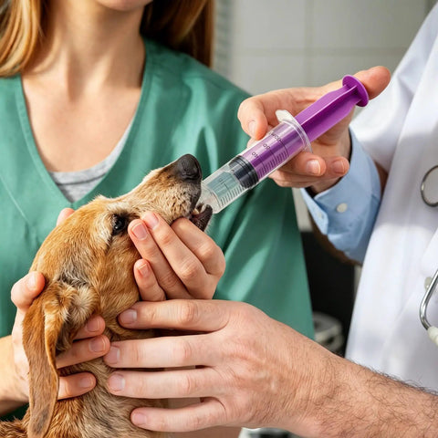 8 Piece 60ML External Spiral Syringe Set With Purple Plunger And Sealing Screw Cap For Pet Feeding Lab Use And Liquid Dispensing in use with a dog.