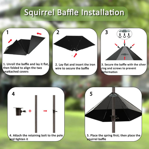 Installation steps for squirrel baffle on Six Hook Outdoor Bird Feeding Station Kit With 94 Inch Heavy Duty Pole Four Feeders