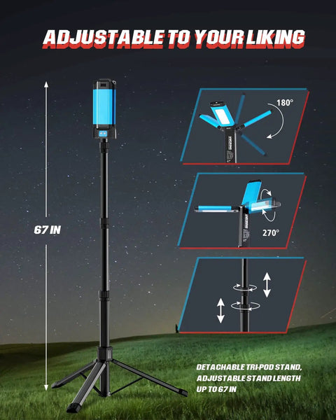 Cordless Rechargeable LED Work Light Kit With Detachable Tripod 8Ah Battery 67-inch adjustable stand and rotation angles.