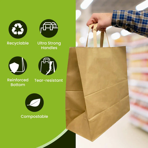 Heavy Duty Kraft Paper Grocery Bags With Handles Pack Of 100 Bulk 12 x 7 x 14 Inches Large Brown Shopping Takeout To Go Bags