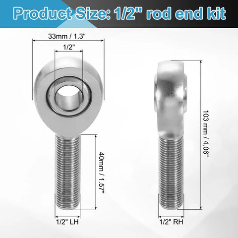 Built Tough One Half Inch Rod End Kit showing 1/2" rod end dimensions and chrome steel joints for steering links.