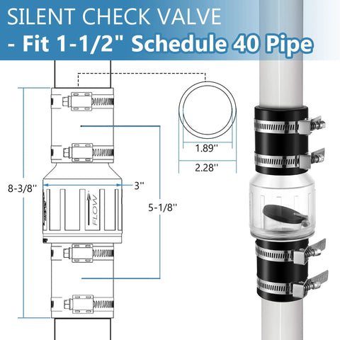 Front view of 1-1/2-inch sump pump silent check valve with four stainless steel hose clamps.