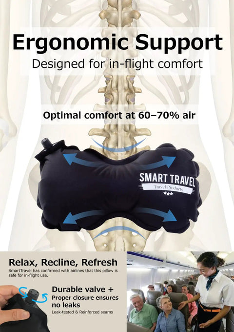 Ergonomic Inflatable Travel Lumbar Pillow For Airplane Seats, Adjustable Lower Back Support Cushion for Long Flights, in use.