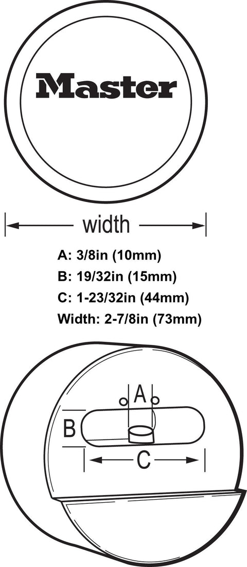 Diagram showing dimensions for Six Pack Beefy Reinforced Hidden Shackle Padlocks, Rekeyable Pin Tumbler, Keyed Alike, 2 7/8 Inch Chrome Locks.
