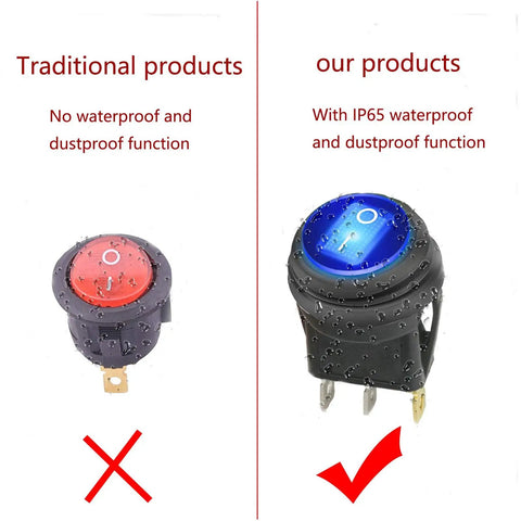 Comparison of red non-waterproof switch and blue Five Pack 12V Round Waterproof Rocker Switches With Blue LED On Off SPST 3 Pin