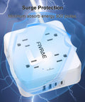 Knockout Ten Foot Extension Cord With Eight Separate Outlets And Four Fast USB Charging Ports Including Two USB C Plugs Compact three sided surge protector with lightning protection.